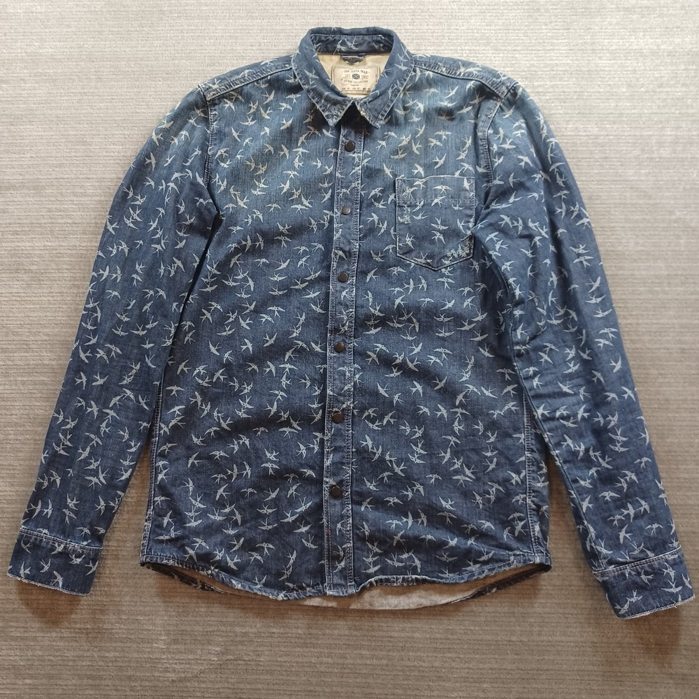 Zara Man Denim Shirt Mens M Blue Sparrow AOP Button Snap Up Slim Fit Rock Grunge